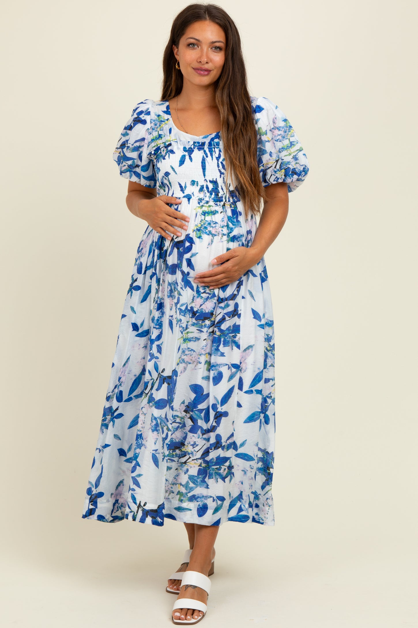 Royal Blue Print Puff Sleeve Square Neck Maternity Maxi Dress