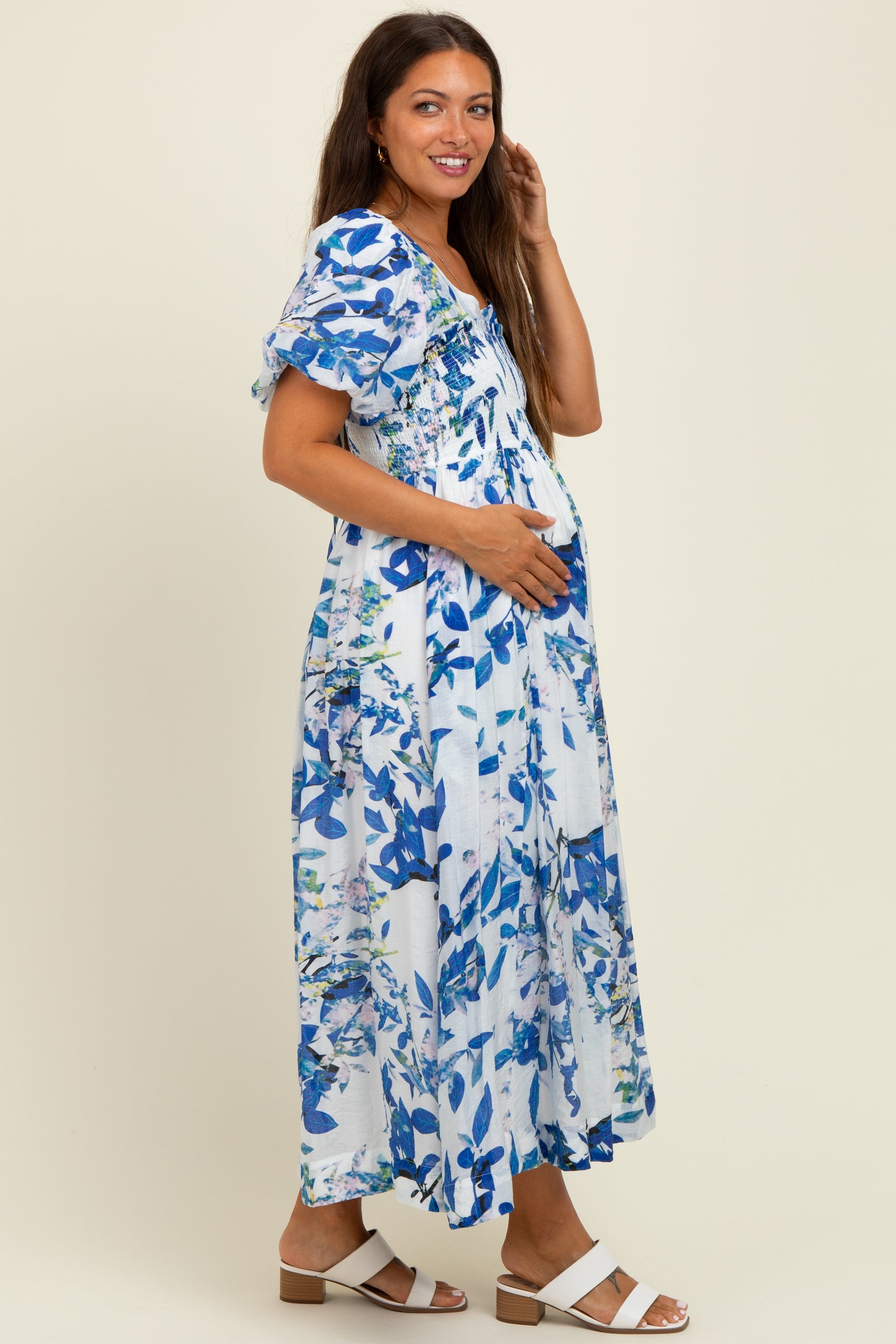 Royal Blue Print Puff Sleeve Square Neck Maternity Maxi Dress