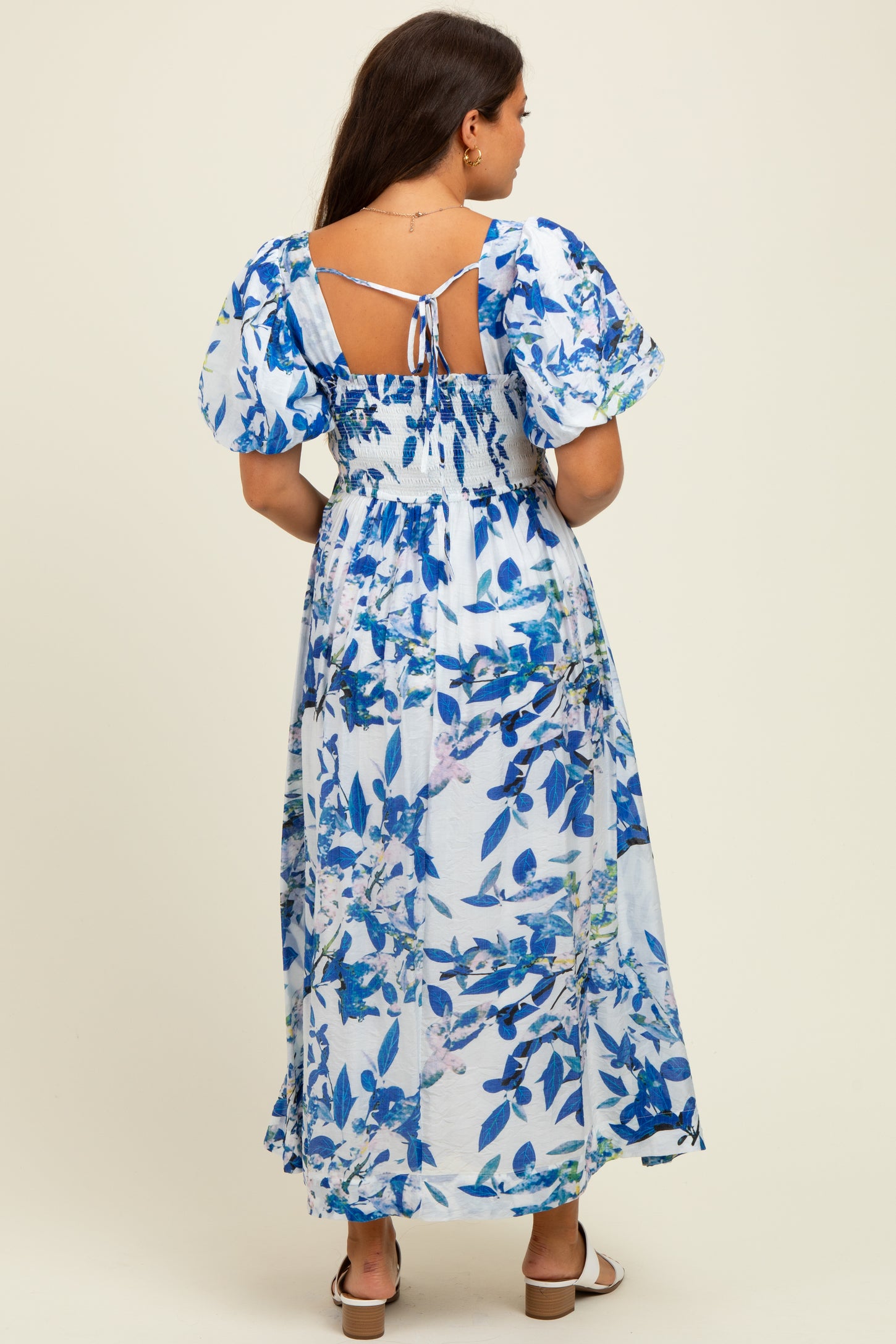 Royal Blue Print Puff Sleeve Square Neck Maternity Maxi Dress