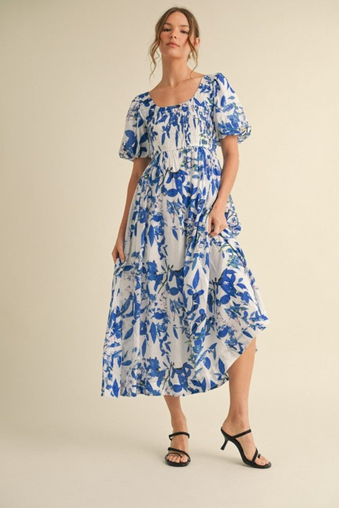 Royal Blue Print Puff Sleeve Square Neck Maxi Dress