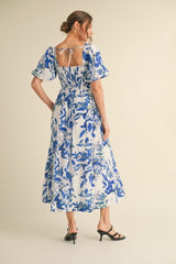 Royal Blue Print Puff Sleeve Square Neck Maxi Dress