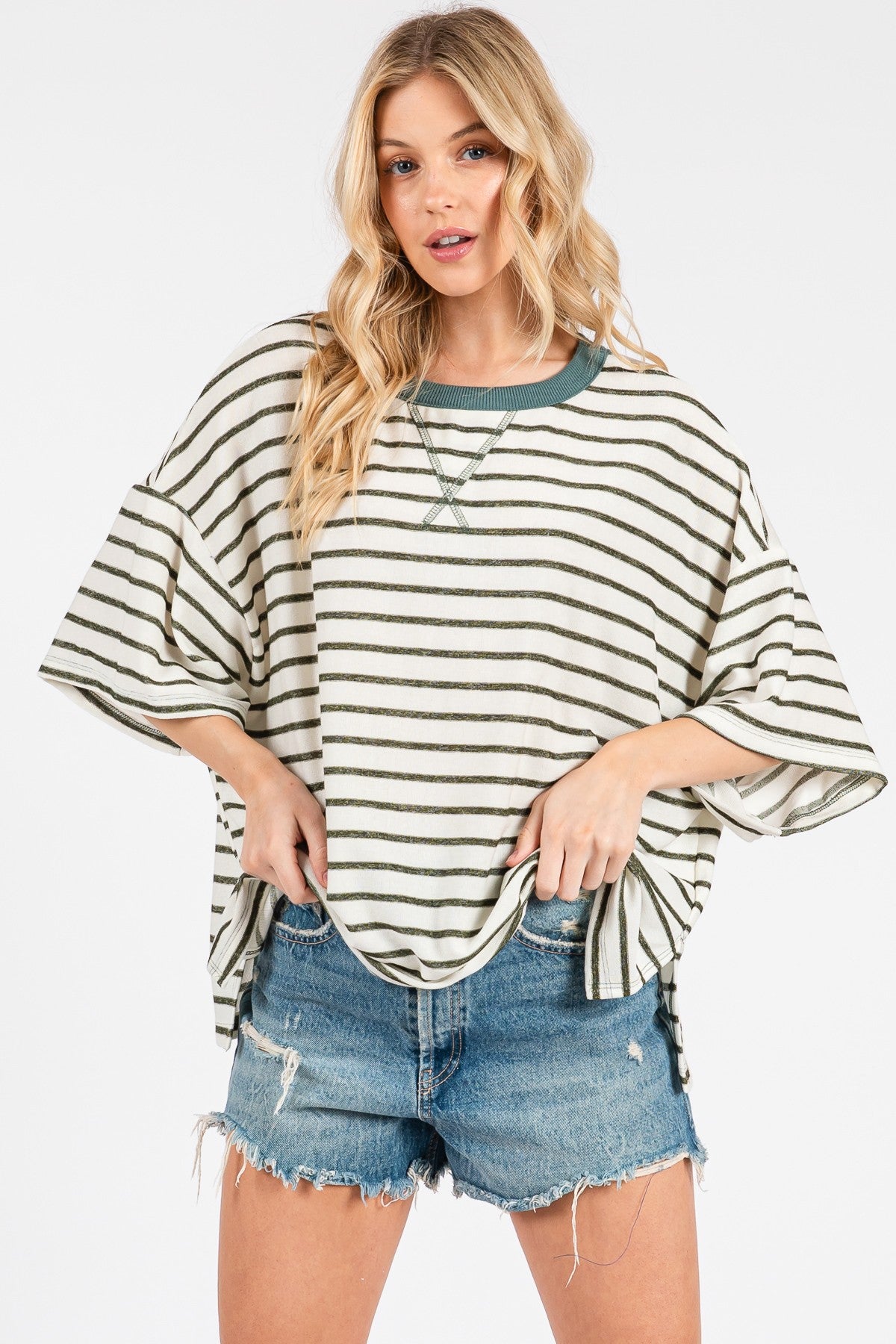 Olive Striped Relaxed Fit Pullover Maternity T-Shirts Top