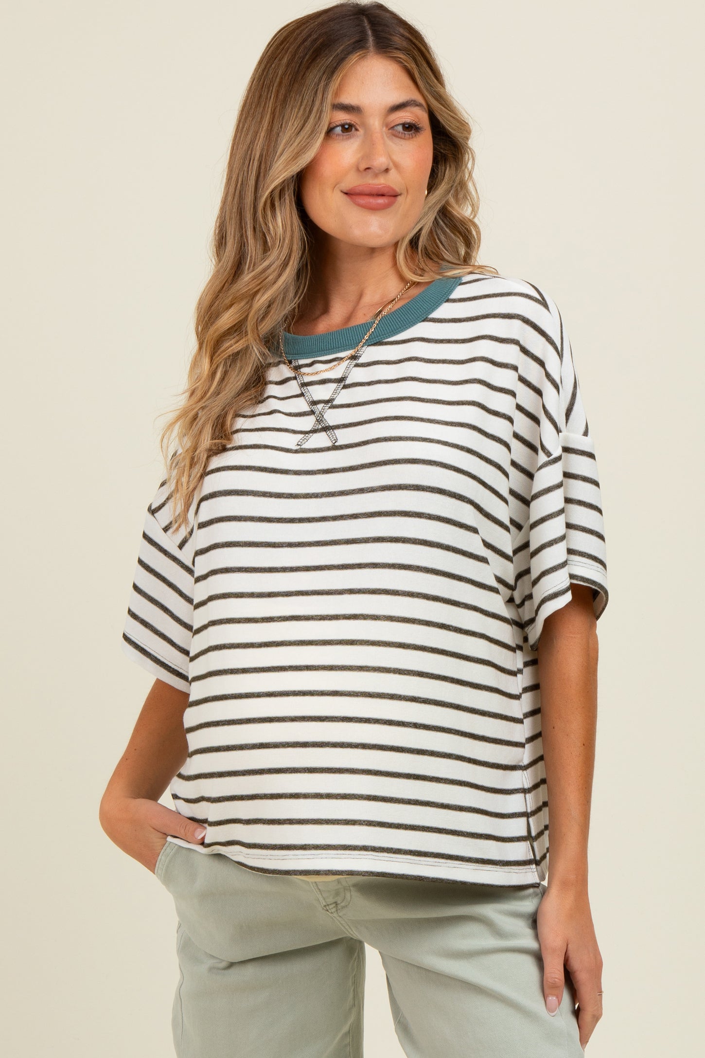 Olive Striped Relaxed Fit Pullover Maternity T-Shirts Top