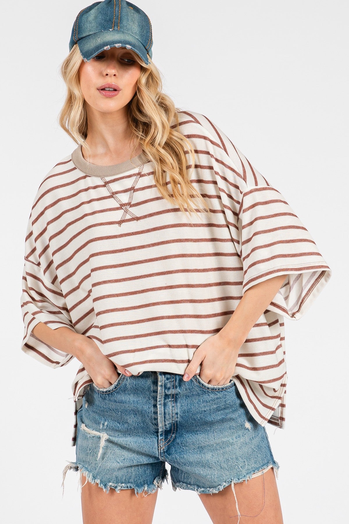 Mocha Striped Relaxed Fit Pullover Maternity T-Shirts Top