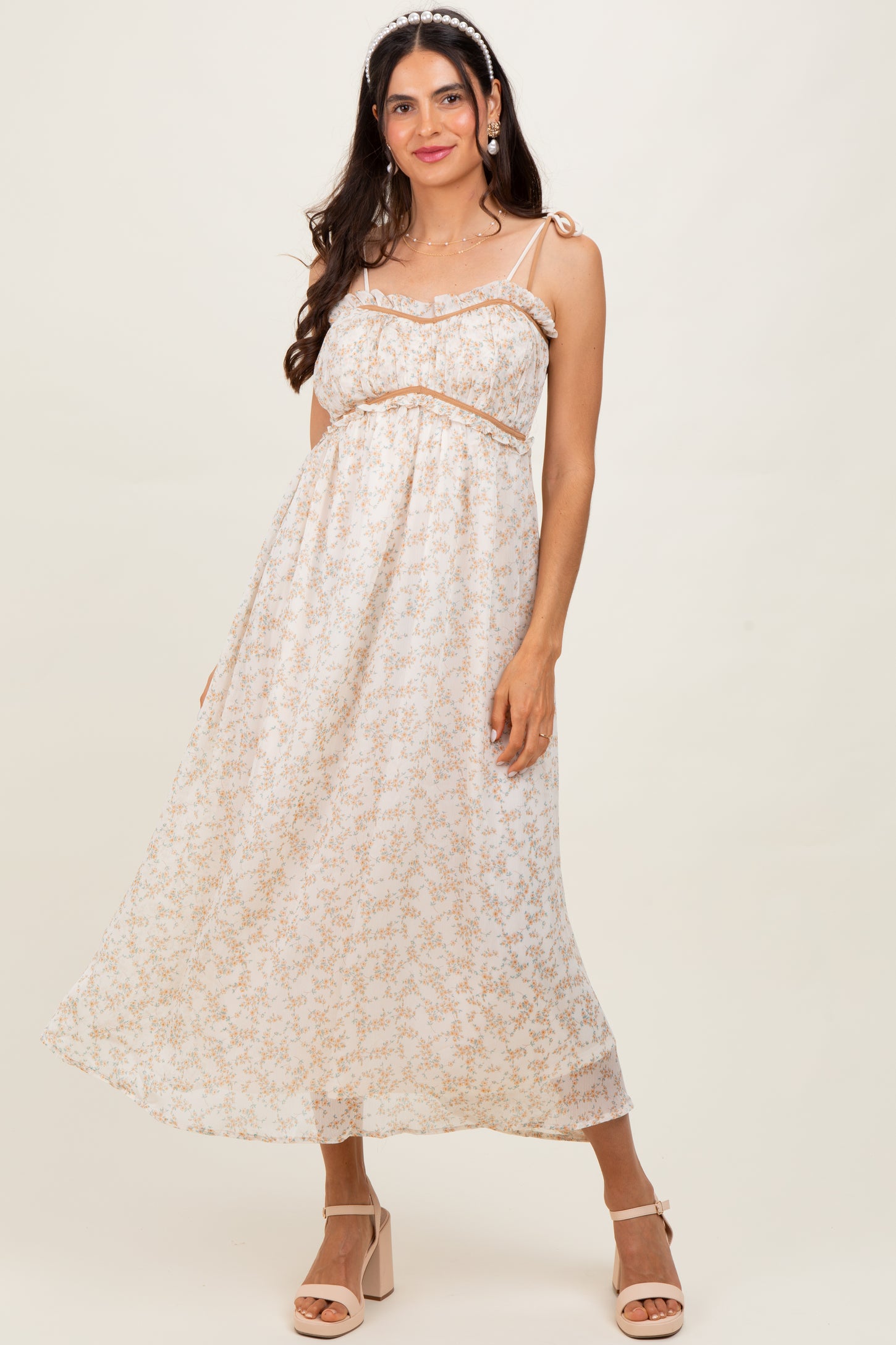 Yellow Garden Floral Printed Smocking Maternity Maxi Dress