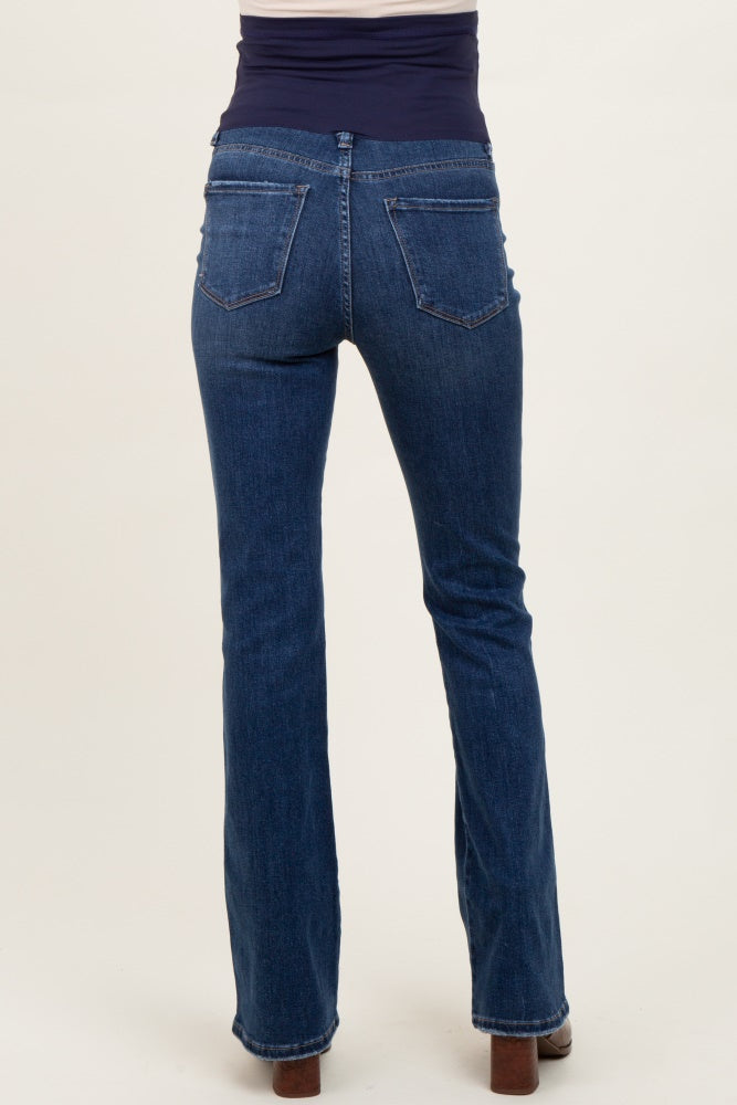 maternity wear dark blue bootcut jeans with a stretchy waistband, view from the back