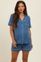 Dusty Blue Short Sleeve Button Down Shirt Shorts Maternity Set