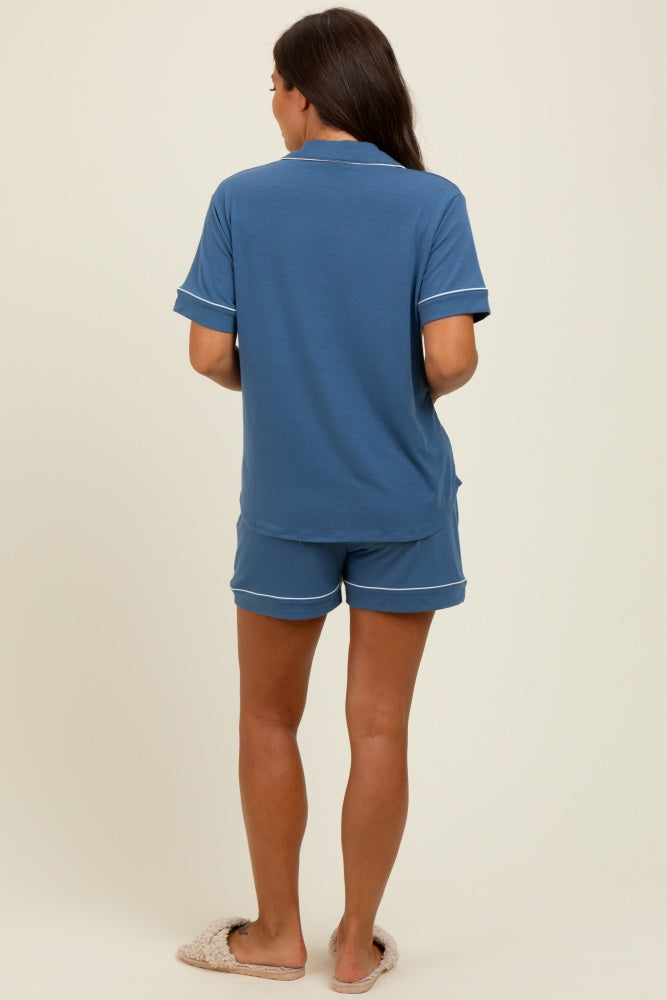 Dusty Blue Short Sleeve Button Down Shirt Shorts Maternity Set