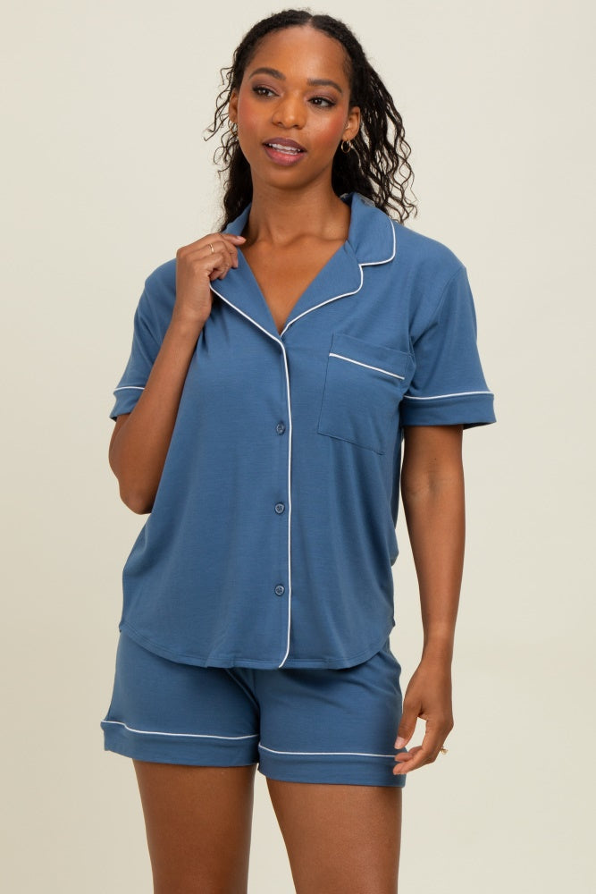 Dusty Blue Short Sleeve Button Down Shirt Shorts Set