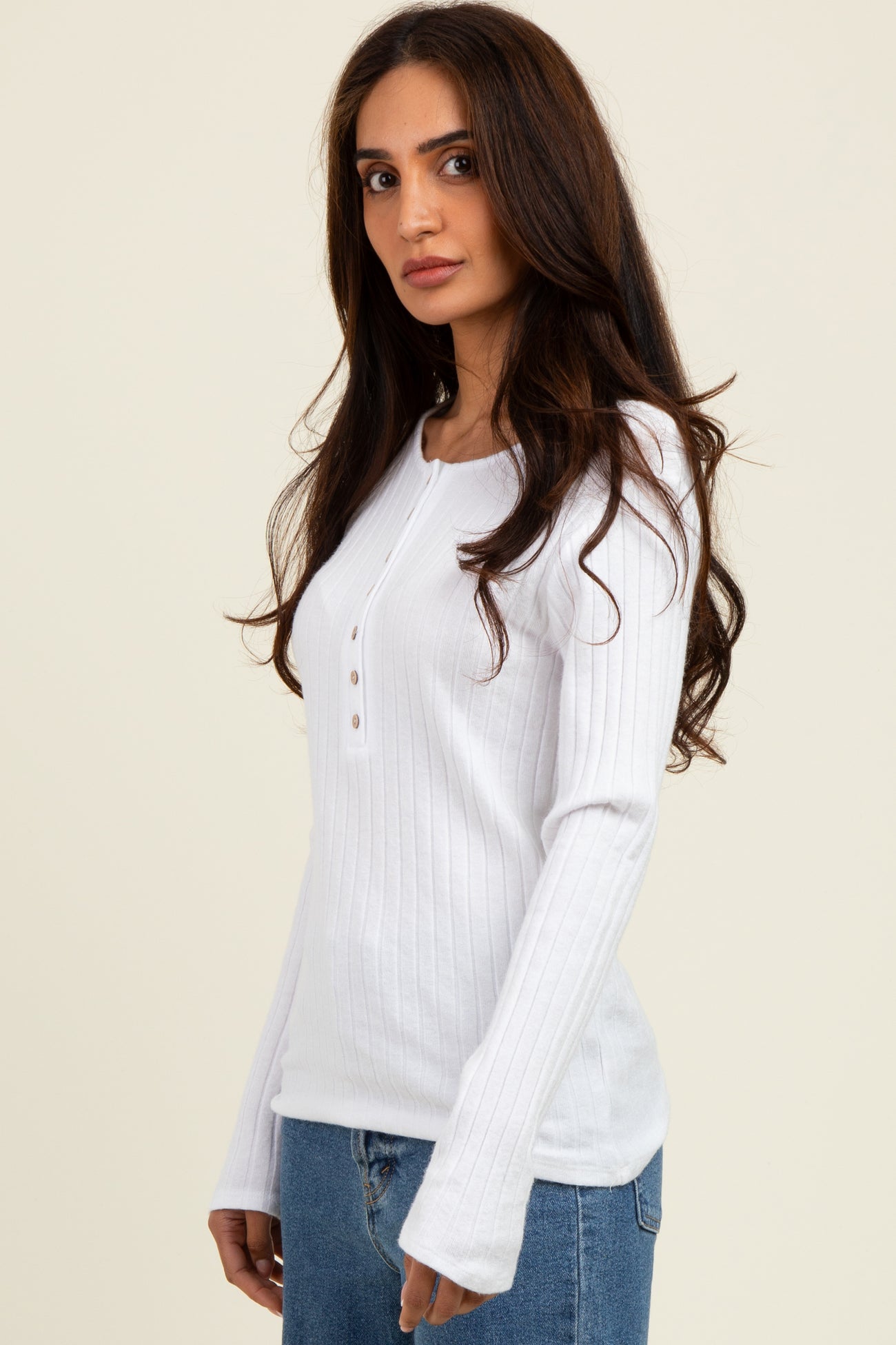 Off White Ribbed Knit Button Long Sleeve Top