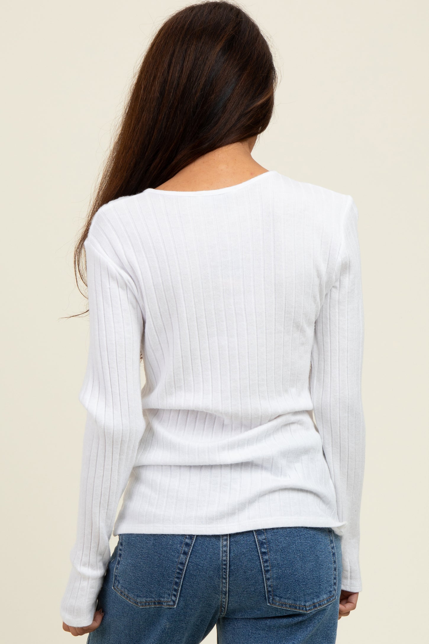 Off White Ribbed Knit Button Long Sleeve Top