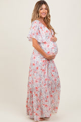 Coral Floral V-Neck Flowy Tiered Maternity Maxi Dress