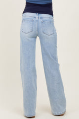 woman wearing light blue maternity wide-leg jeans shown from the back