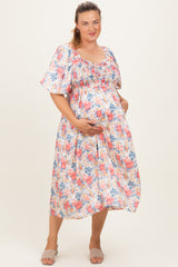 Ivory Multi Floral Print Smocked Ruched Bust Plus Maternity Midi Dress