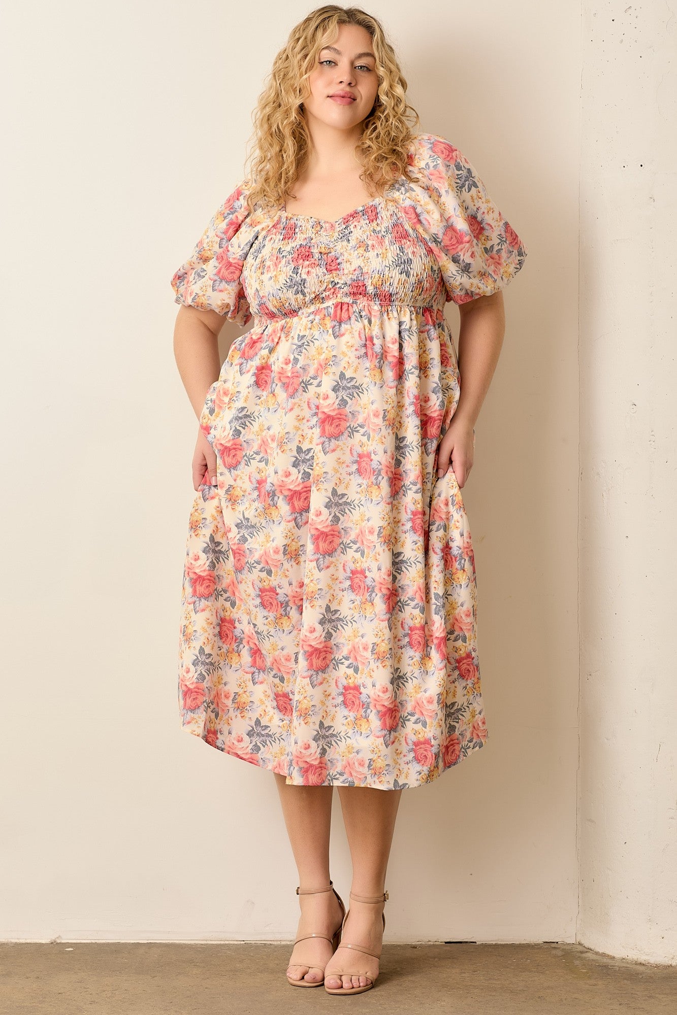 Ivory Multi Floral Print Smocked Ruched Bust Plus Maternity Midi Dress