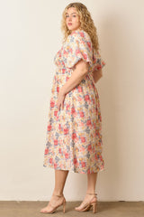 Ivory Multi Floral Print Smocked Ruched Bust Plus Midi Dress