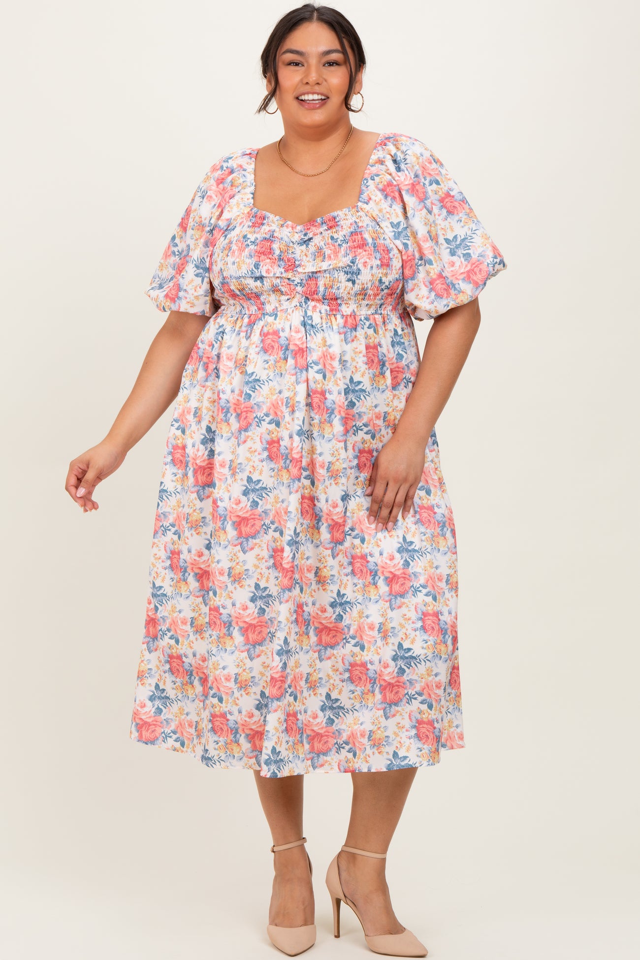 Ivory Multi Floral Print Smocked Ruched Bust Plus Midi Dress