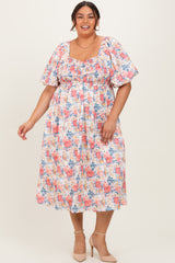 Ivory Multi Floral Print Smocked Ruched Bust Plus Midi Dress