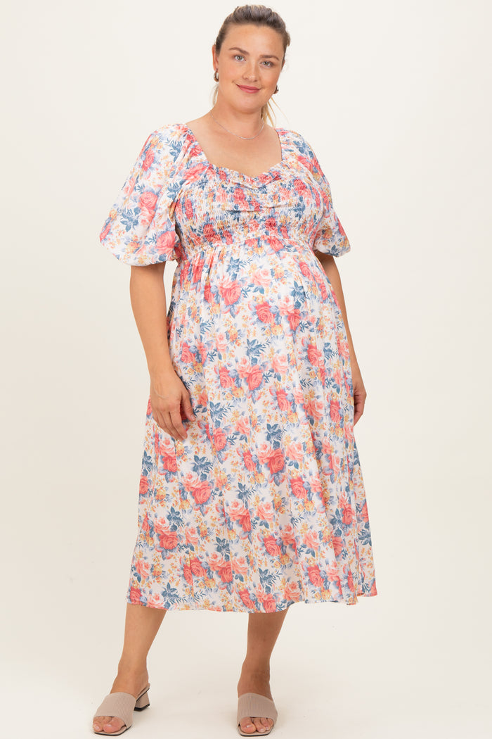 Ivory Multi Floral Print Smocked Ruched Bust Plus Maternity Midi Dress