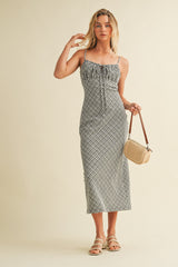 Black Textured Plaid Drawstring Neck Maternity Midi Dress