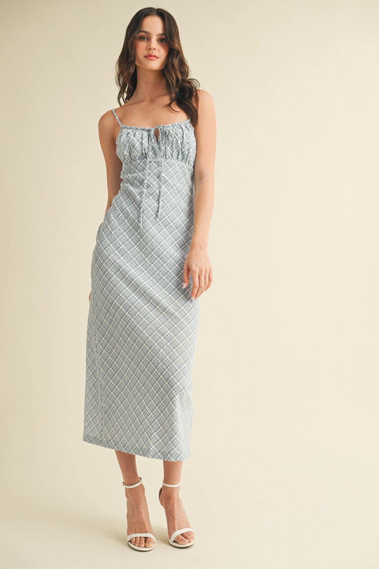 Blue Textured Plaid Drawstring Neck Midi Dress