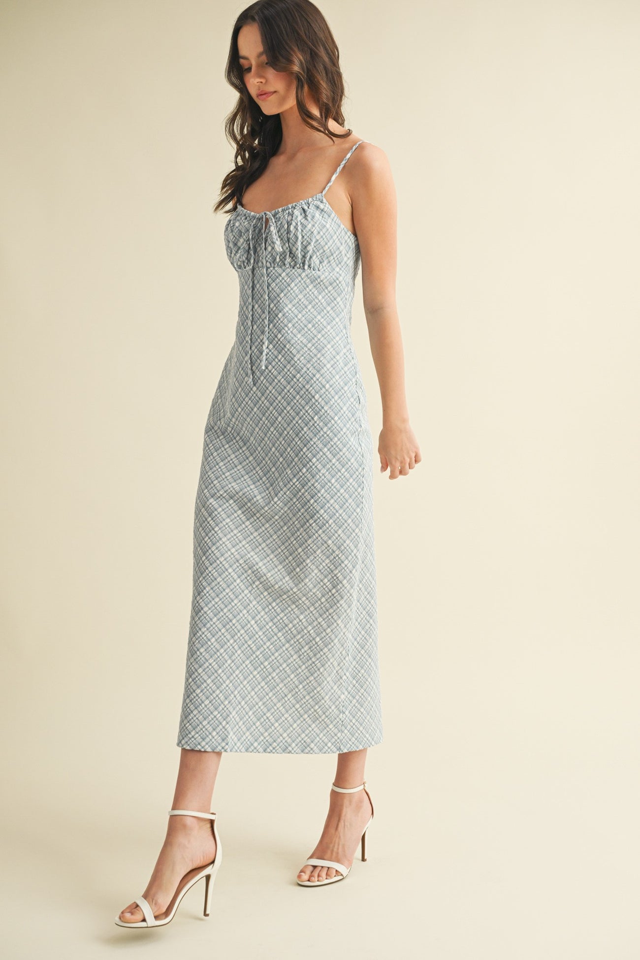 Blue Textured Plaid Drawstring Neck Midi Dress