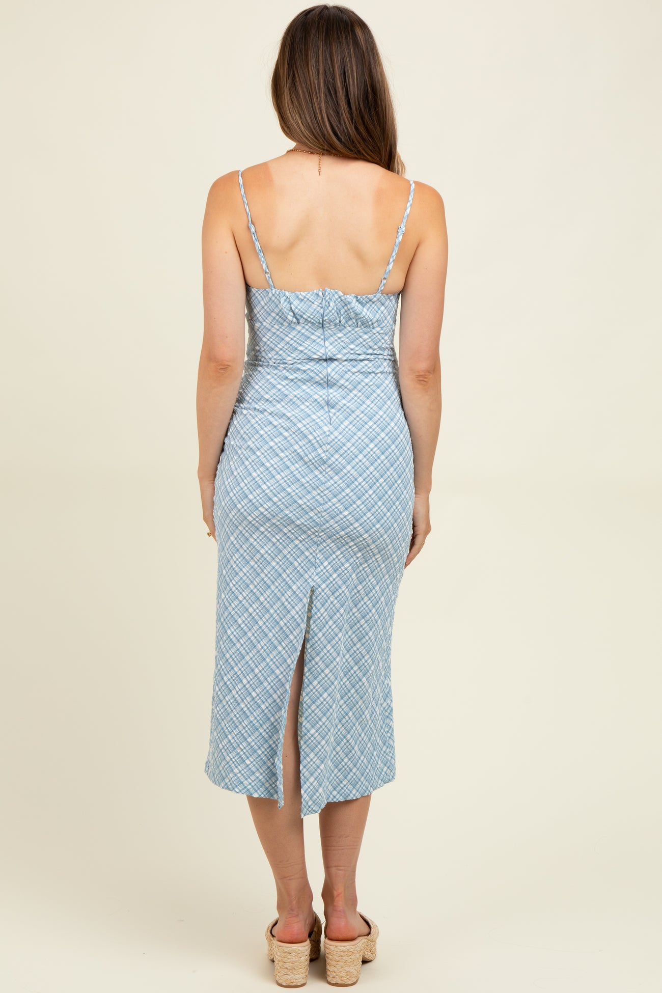 Blue Textured Plaid Drawstring Neck Maternity Midi Dress