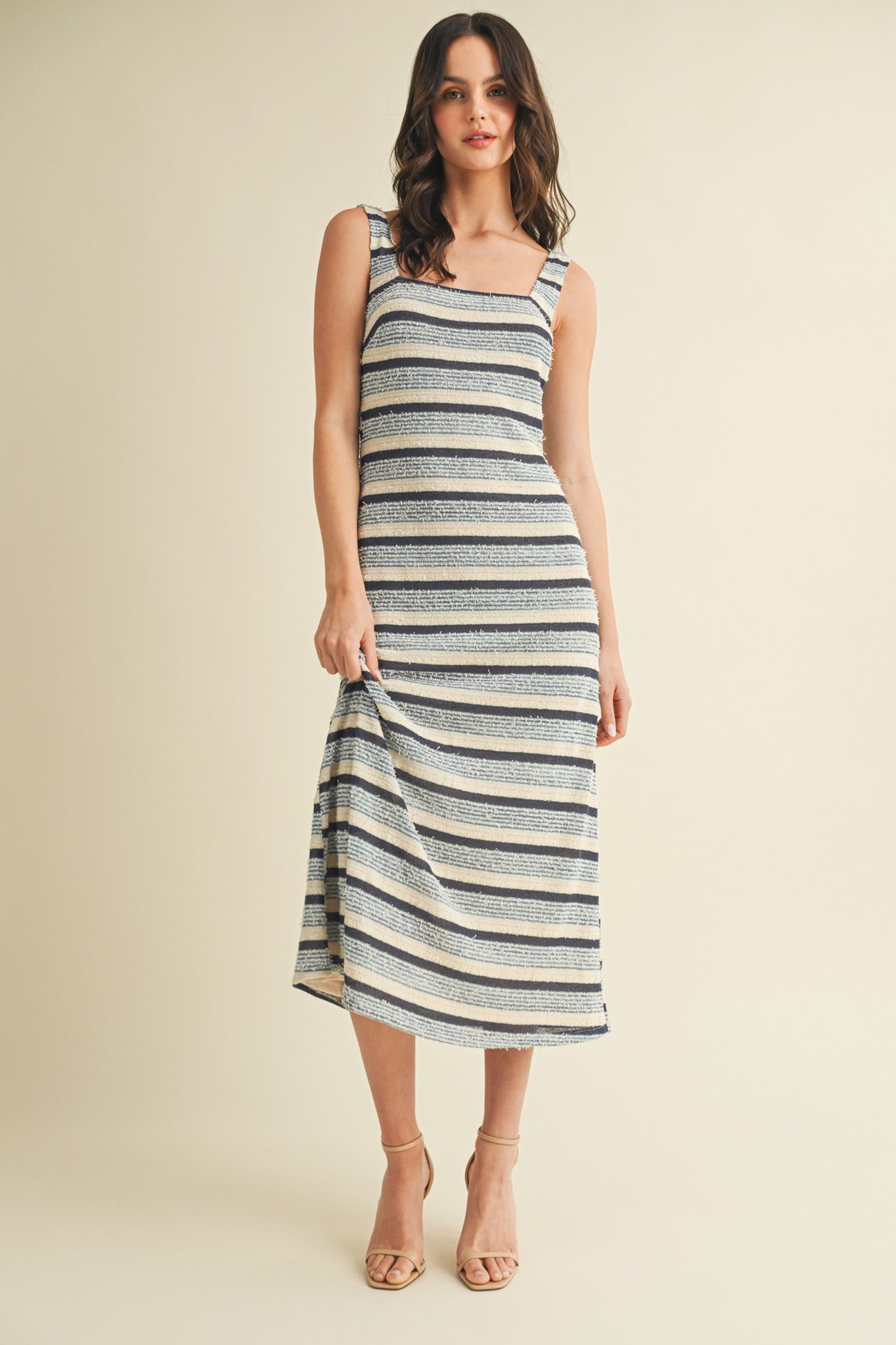 Denim Multi Square Neck Striped Sleeveless Maternity Dress