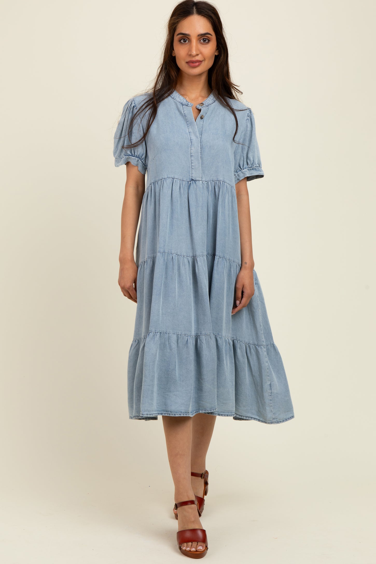 Light Blue Chambray Charm Tiered Maternity Midi Dress
