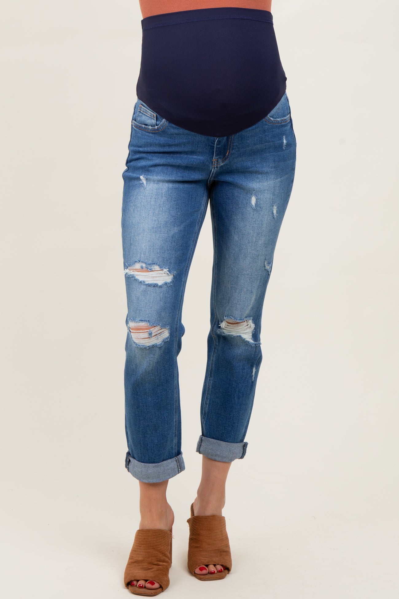 Blue High Rise Distressed Cuffed Boyfriend Maternity Jeans