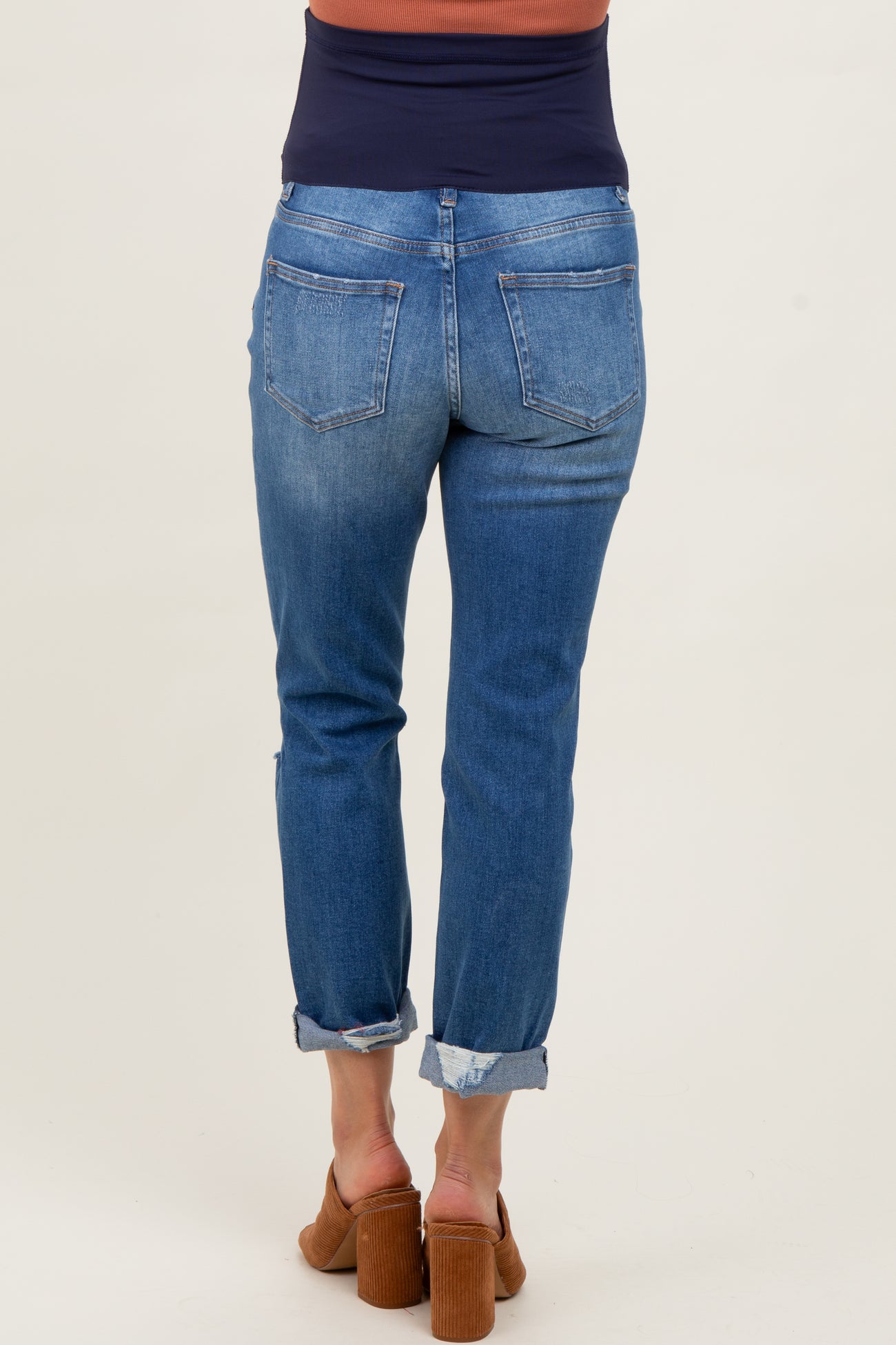 Blue High Rise Distressed Cuffed Boyfriend Maternity Jeans