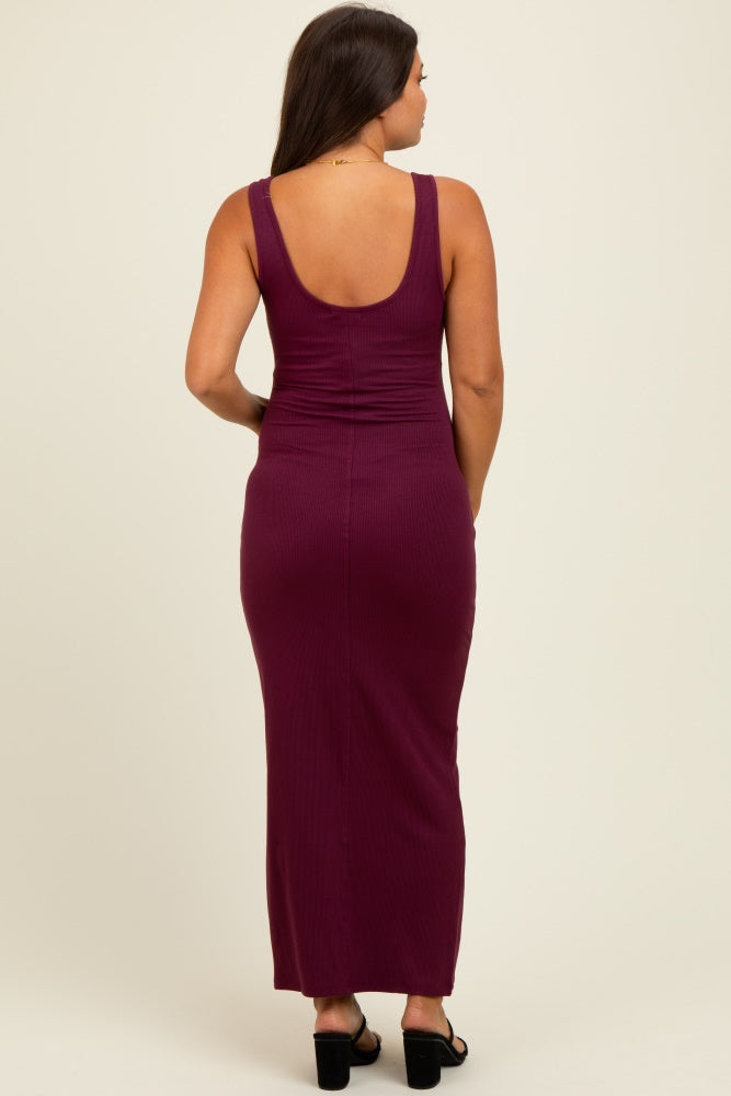Wine Scoop Neck Sleeveless Rayon Rib Maternity Maxi Knit Dress