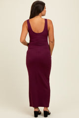 Wine Scoop Neck Sleeveless Rayon Rib Maternity Maxi Knit Dress