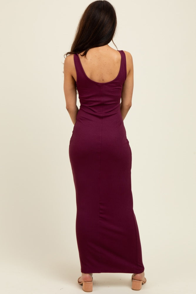 Wine Scoop Neck Sleeveless Rayon Rib Maxi Knit Dress