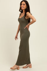 Olive Scoop Neck Sleeveless Rayon Rib Maternity Maxi Knit Dress