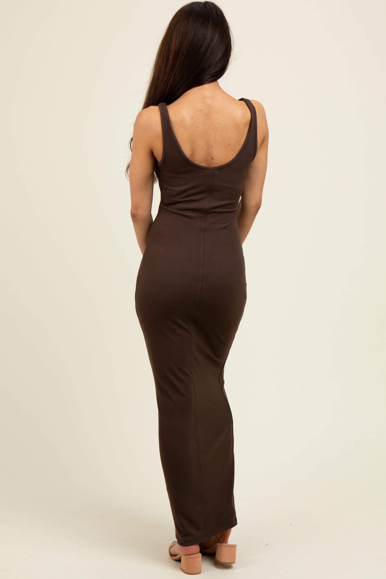 Brown Scoop Neck Sleeveless Rayon Rib Maxi Knit Dress