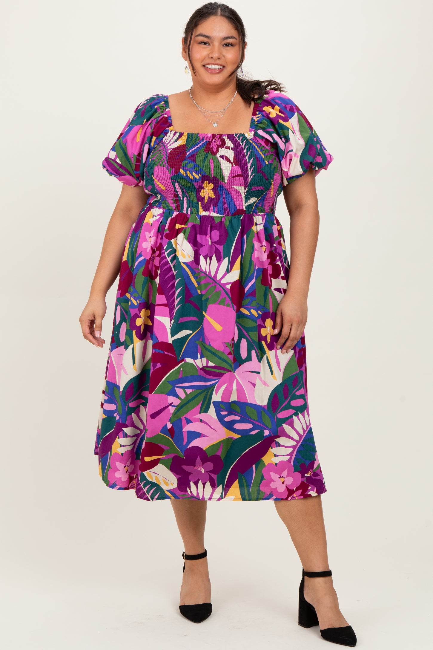 Purple Smocked Tropical Floral Maternity Plus Midi Dress