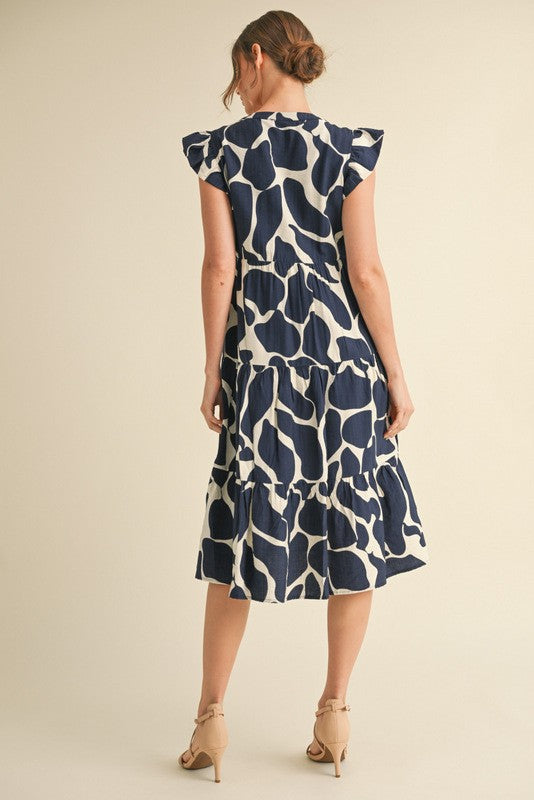 Navy Print Tiered Layer Midi Dress