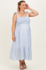 Blue/Ivory Plus Size Textured Floral Maternity Maxi Dress