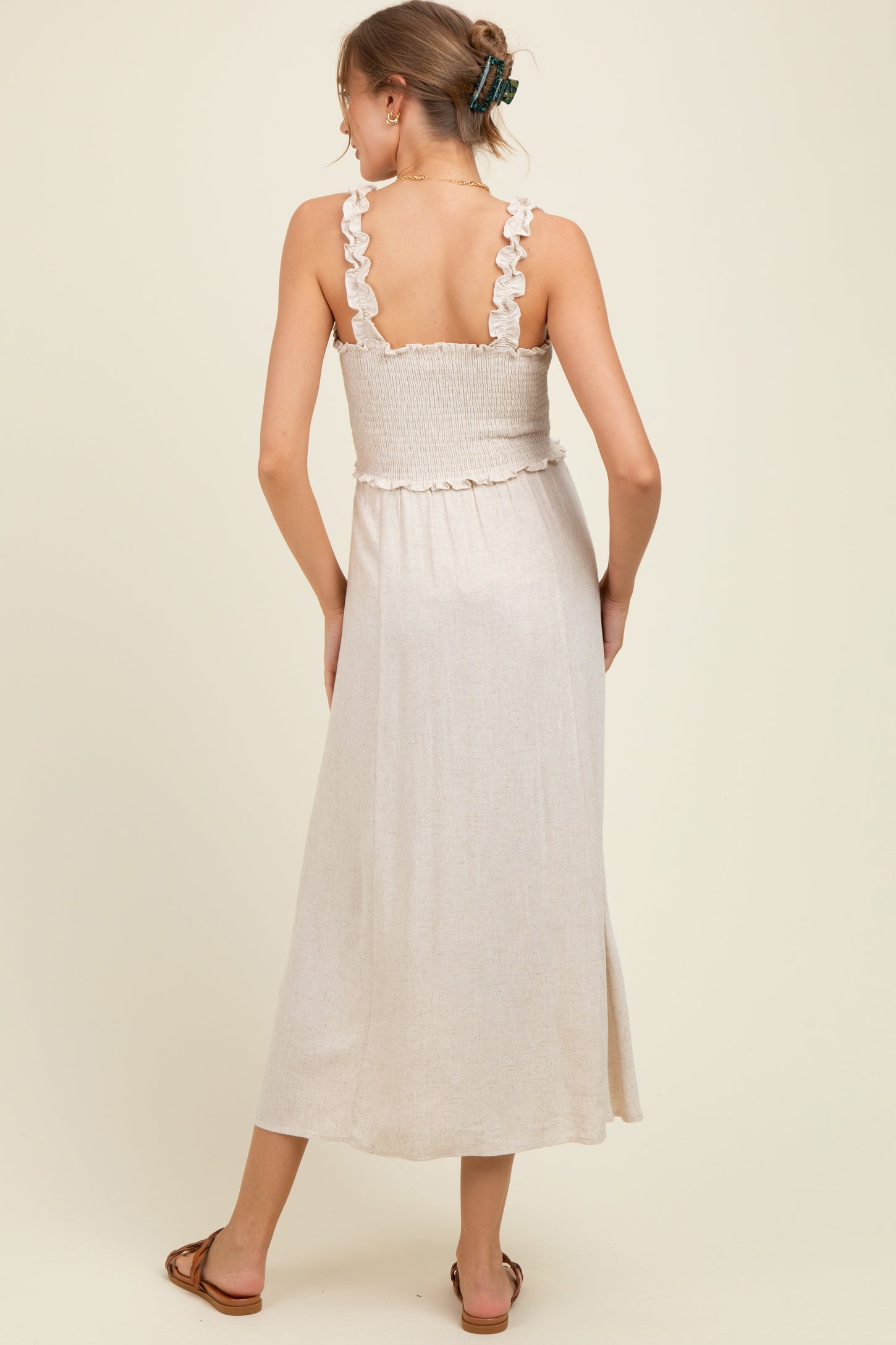 Oatmeal Smocked Button Front Linen Blend Maternity Midi Dress