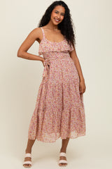 Pink Floral Ruffle Smocked Back Tiered Maternity Midi Dress