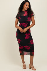 Black/Red Short Sleeve Digital Print Mesh Maternity Midi Dress