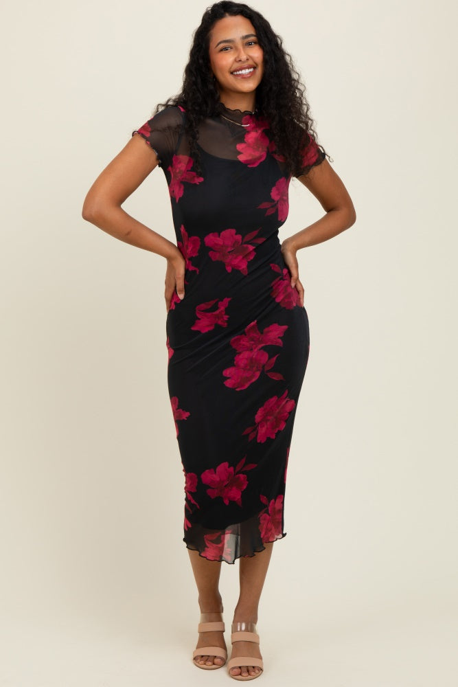 Black/Red Short Sleeve Digital Print Mesh Midi Dress