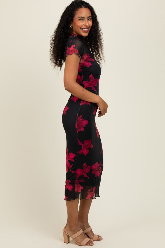 Black/Red Short Sleeve Digital Print Mesh Midi Dress