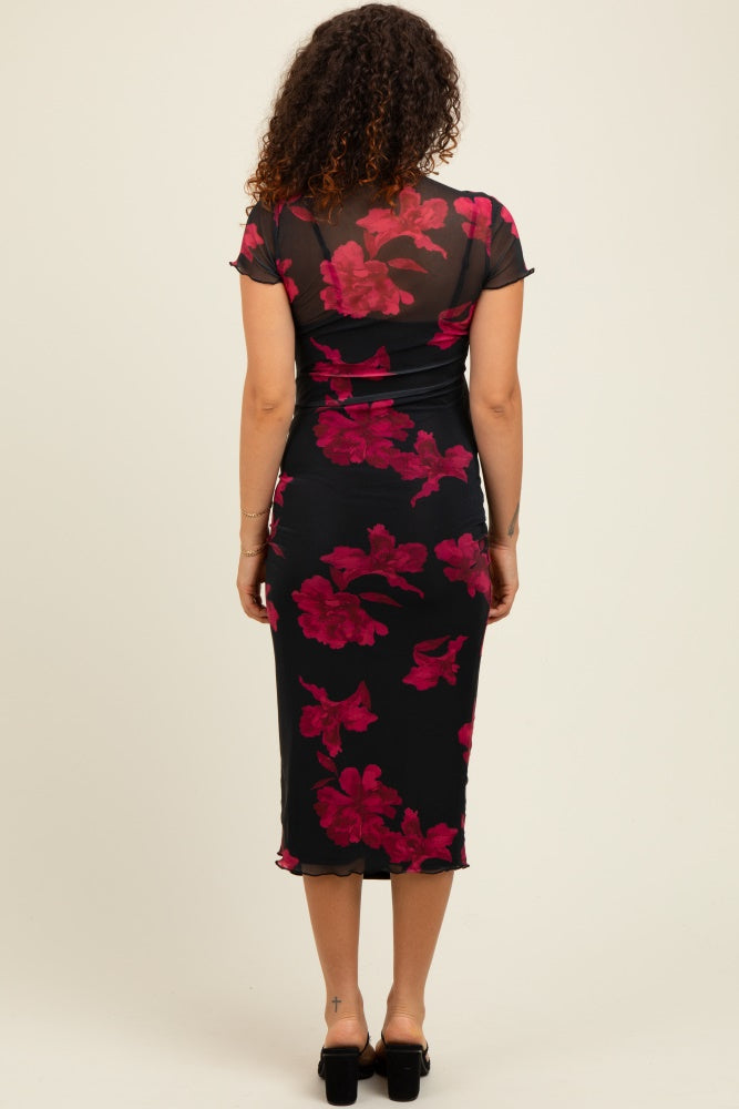 Black/Red Short Sleeve Digital Print Mesh Maternity Midi Dress