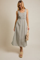 Olive-White Stripe Side Slit Maxi Dress