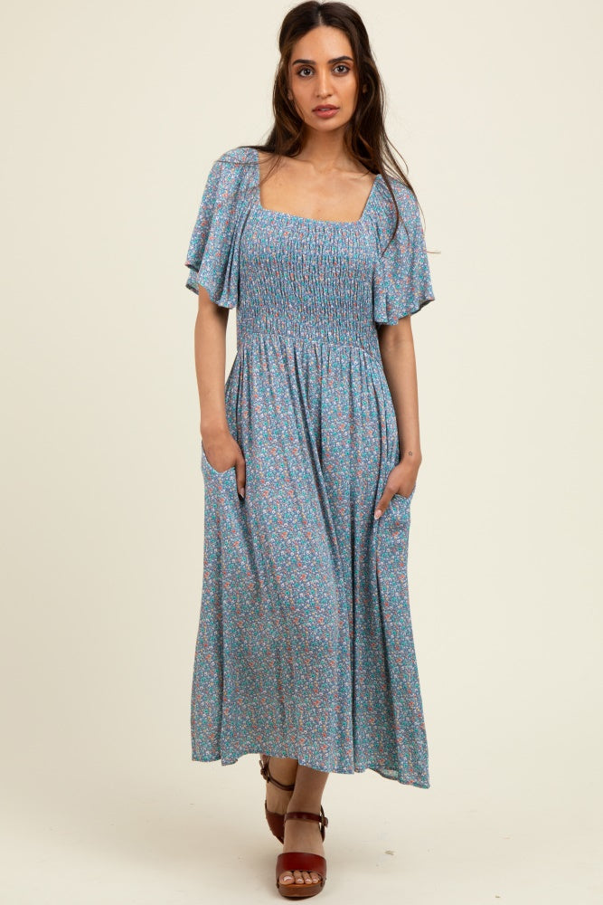 Blue/Pink Printed Dress With Pockets