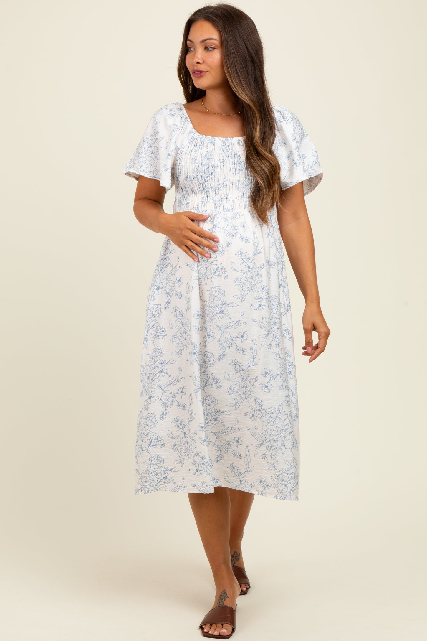 Ivory/Blue Printed Maternity Dress With Pockets