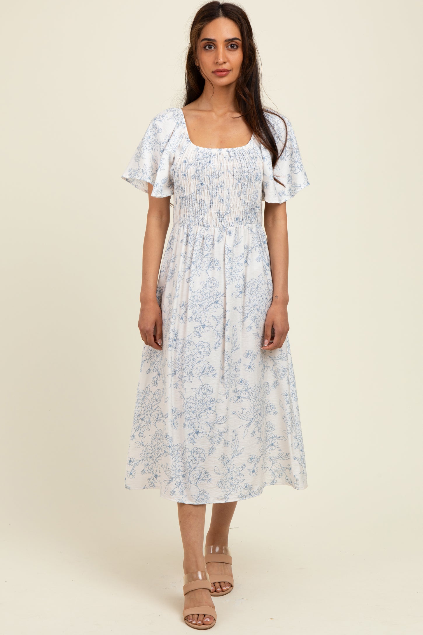 Ivory/Blue Printed Maternity Dress With Pockets