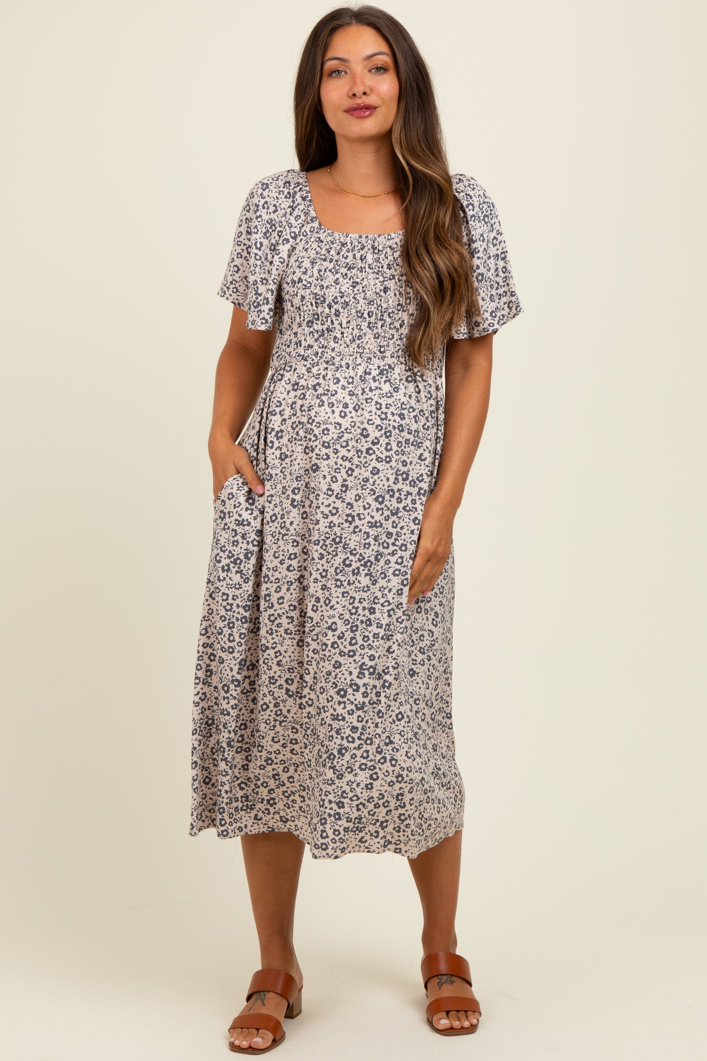 Taupe/Black Printed Maternity Dress With Pockets